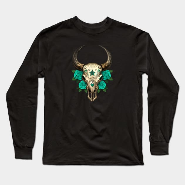 Bull Sugar Skull with Teal Blue Roses Long Sleeve T-Shirt by jeffbartels